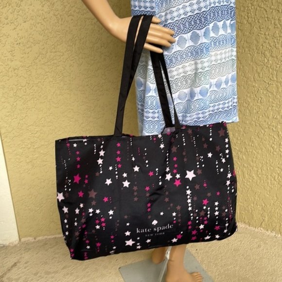 Kate Spade Black Multi Color with Light and Dark Pink Stars Canvas Tote XL - Picture 14 of 16